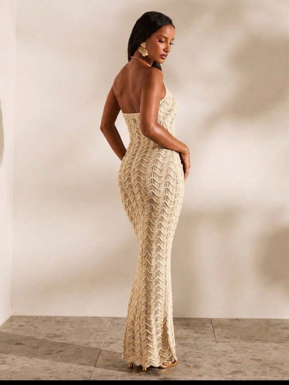 Beige Crochet Fringe Halter Swim Cover-Up dress - Picture 4 of 5